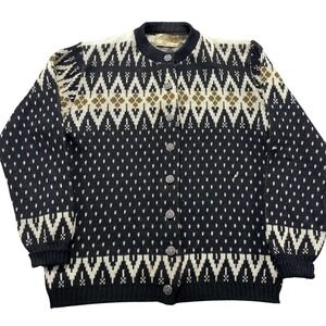 Vintage Jersild Sweater Cardigan Womens M Black Wool Fair Isle Button Front
